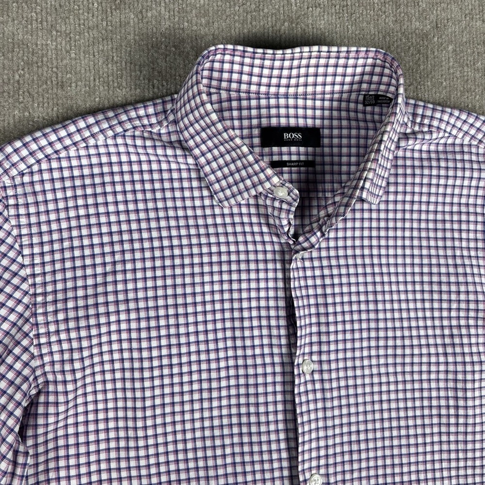 BOSS Hugo Boss Sharp Fit Dress Shirt Mens 15.5 32/33 Pink Check Plaid